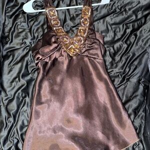 Elegant Brown Satin Dress with Embellished Neckline